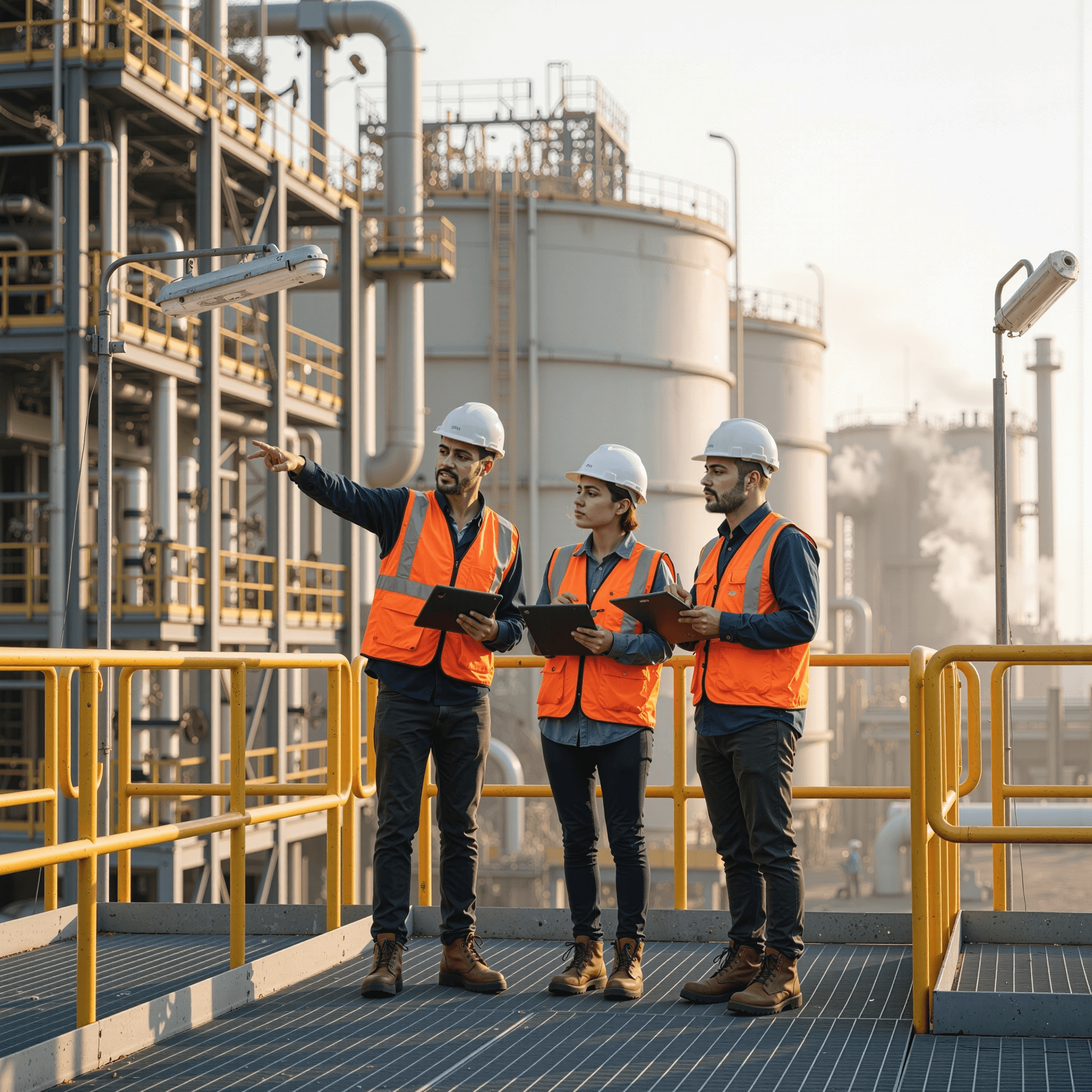 Team of workers coordinating at industrial site