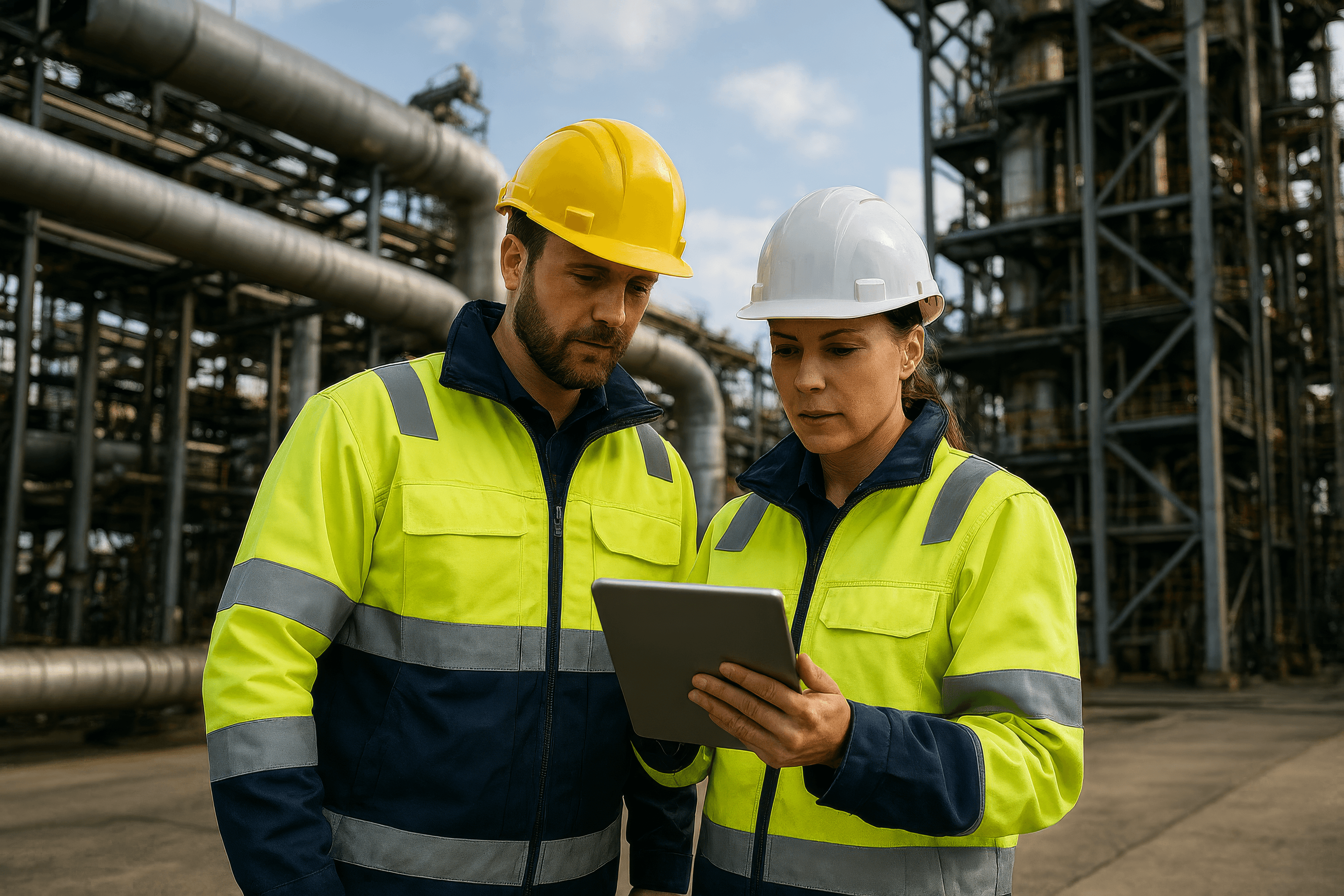 Industrial workers reviewing tablet at facility