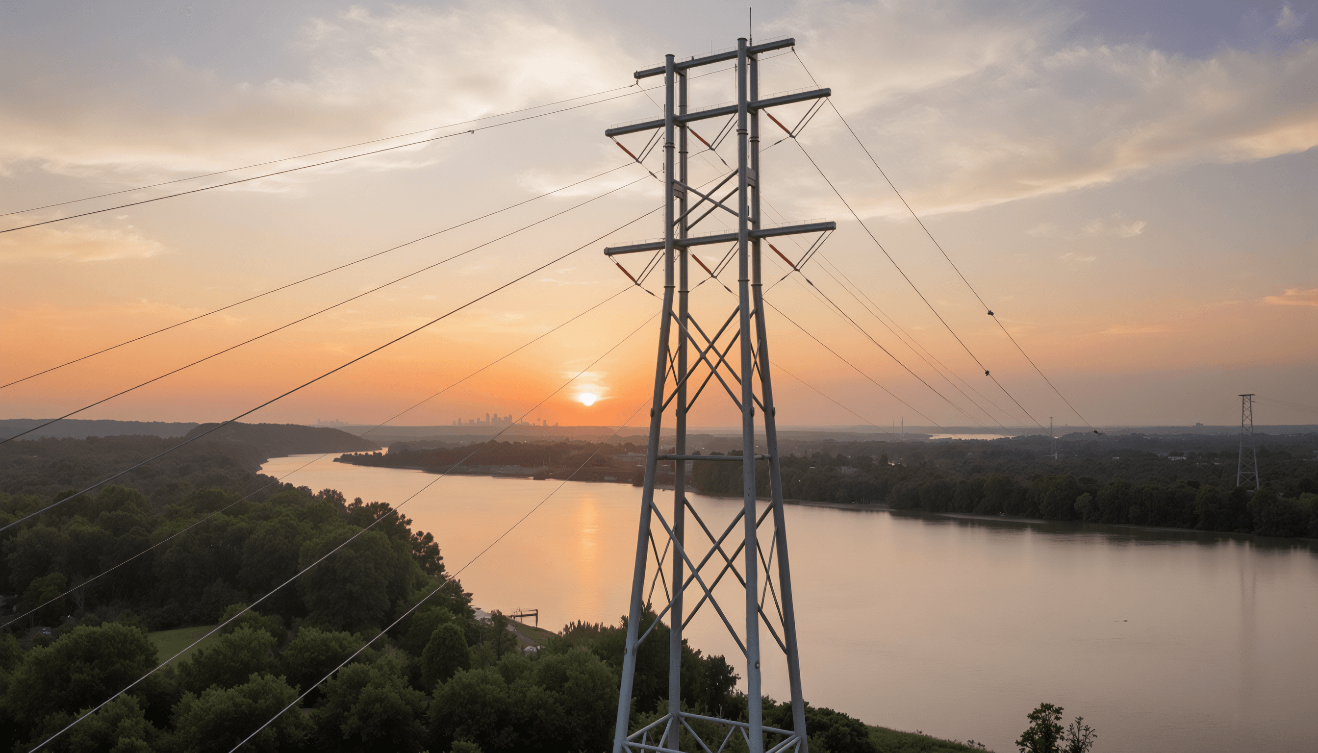 Power transmission lines at sunset over a river